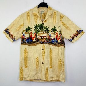 Royal Hawaiian Creations M Shirt Beige Vintage Car Beach Button Up Hawaiian BE13